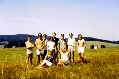 The members of the first 1964 team pictured at the campsite in the Black Forest. Standing from left to right are: Martyn Edelsten (visiting from Edinburgh University), Gordon Edwards (Jesus), David Beeby (Jesus), Susan Bennett (Girton), Ian Cooper (Jesus), David Ward (Selwyn), David Thomas (Trinity Hall), Michael Peel (Jesus). Seated left to right are Celia Charnings (Homerton) and Victoria Waterton (Homerton).